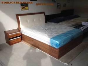 LUXURIOUS LEATHER & WOOD STORAGE QUEEN BED FRAME
