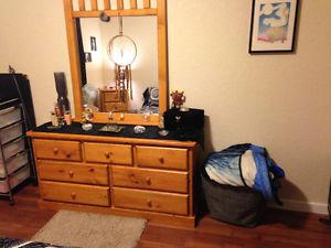 Pine Dresser, mirror and three drawer side table