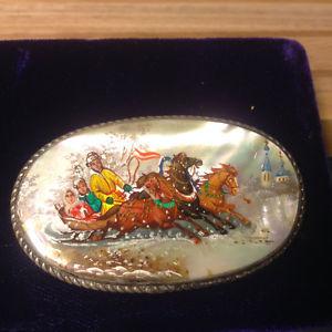 Unique Russian Hand Painted Fedoskino Brooch