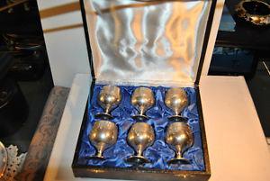 Vintage Engraved Silver Plated Set 6 Goblets/Cups in Velvet