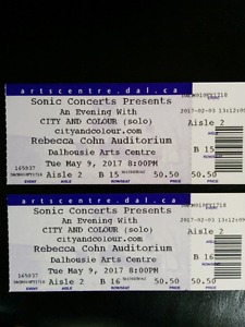 City and Colour - Tue, May 9th. Two seats - 2nd row,