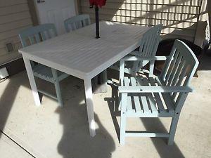 Wood Patio Table, 4 Chairs & New Umbrella