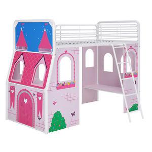 Loft bed kids girls with desk and castle tent