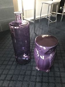 Purple ceramic owl side table and vase