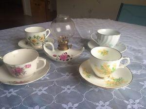 Vintage oil lamp and 4 China cups