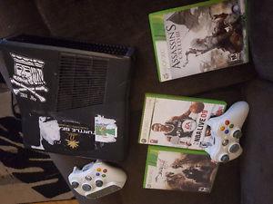 Xbox  controllers, keyboard, 3 games 1 battery pack