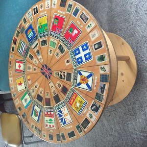 vintage coffee table winth in some old postage stamp