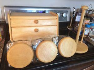 Matching bread box, paper towel holder and 3 piece canister