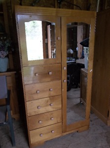 Vintage wood closet with drawers and mirrors