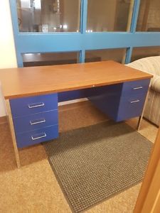 blue metal desk with drawers
