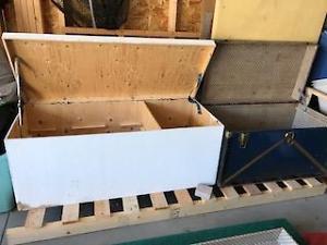 metal storage trunk, wooden storage box and organizer