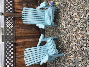 2 blue wooden yard chairs