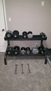 Adjustable dumbbells with weights and 2 tier rack