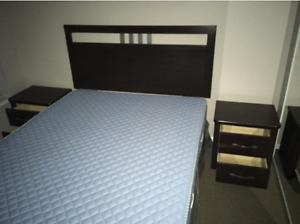 Queen mattress, box springs, frame, headboard and 2 night
