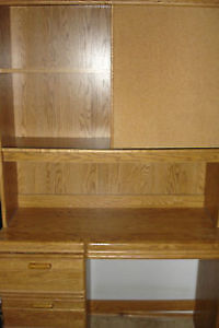 School desk with sliding door cabinet above