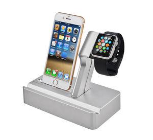 Silver iPhone and Apple watch dock