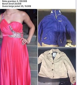 Woman's prom dress, bench jacket and Guess jacket