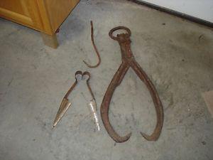 antique hay bale tongs and hook and sheep shears