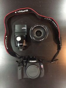 Canon Rebel T3i w/  mm lens, flash, bag, memory cards