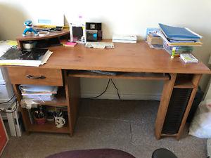 Computer desk with keyboard tray, CD rack and side shelves
