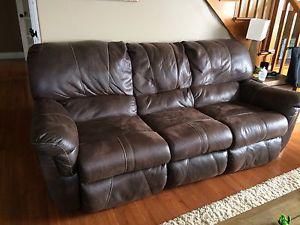Genuine leather reclining couch and love seat