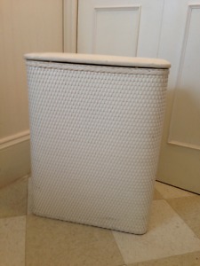 Antique Wicker Laundry Basket, Wooden Frame, off White