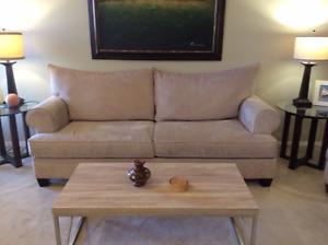 Beige Microsuede Couch/Sofa and Chair