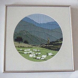 Framed Crewel Embroidery Sheep in Meadow Picture Pastoral