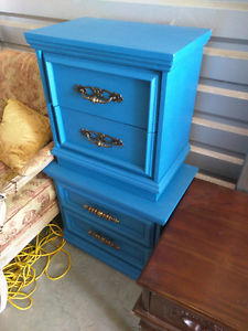 Two Blue Refinished 2-Drawer Bedroom Night Tables