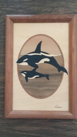 Wood Inlaid Picture of 2 Whales