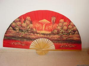 51" Oriental floral red decor display folding wall fan