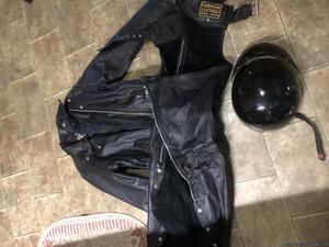Women’s motorcycle leathers and helmet