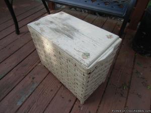 Sweet chippy white paint shabby wood and wicker hamper with