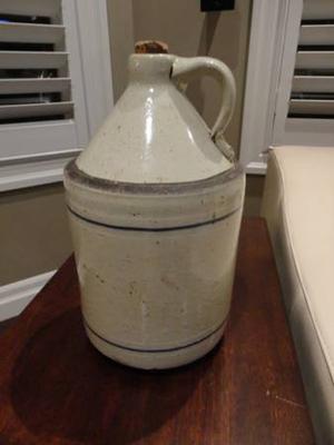 Antique 12" Pottery Jug with handle and Blue & White Lines