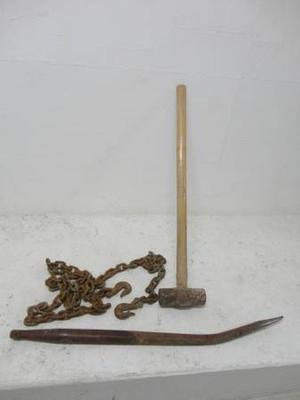 Sledge Hammer, Heavy Duty Towing Chain and Large Pry Bar