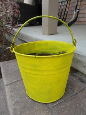Yellow Decor Metal Pail. Great for plants, Our Outdoor decor