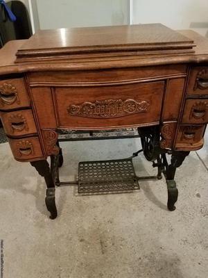 Vintage White Sewing Machine with oak cabinet