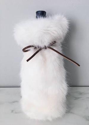 White faux fur wine bag