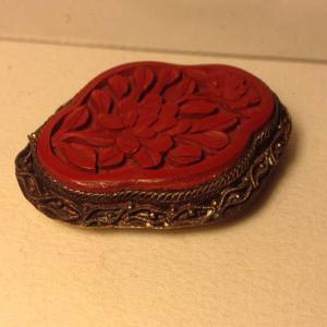 Antique Chinese Export Hand Carved Cinnabar Brooch Pin