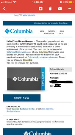 Columbia Gift Card of $397 for $350