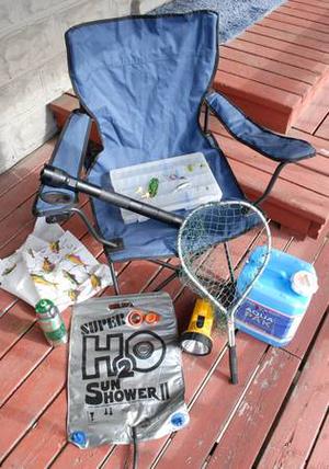 CAMP ITEMS-fold-up chair, fish net & lures, shower bag,