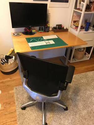 Desk, Office chair, Monitor, Apple Wireless keyboard