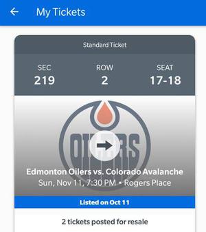 2 tickets oilers vs Colorado Nov 11