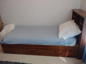 Twin bed base, headboard, two drawers, mattress and