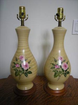 Two 's Hand Painted Ceramic Floral Lamps Wood Base