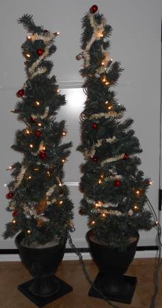 2 OUTDOOR / INDOOR PRE-LIT CHRISTMAS TREES WITH ORNAMENTS