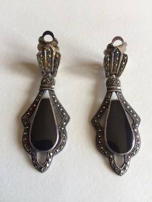 Sterling Silver Marcasite Earrings with Beautiful Onyx