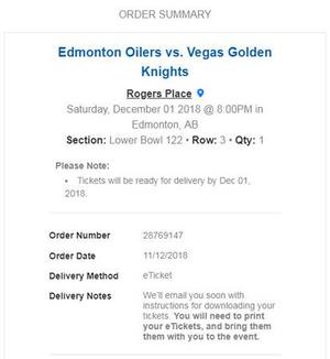 1 Ticket - Oilers vs Golden Knights Dec.1st