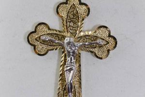 NEW STAMPED 14K. TWO TONE CRUCIFIX ON HAND MADE CROSS FOR