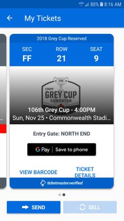 Single Grey Cup ticket - Ticketmaster transfer in person!